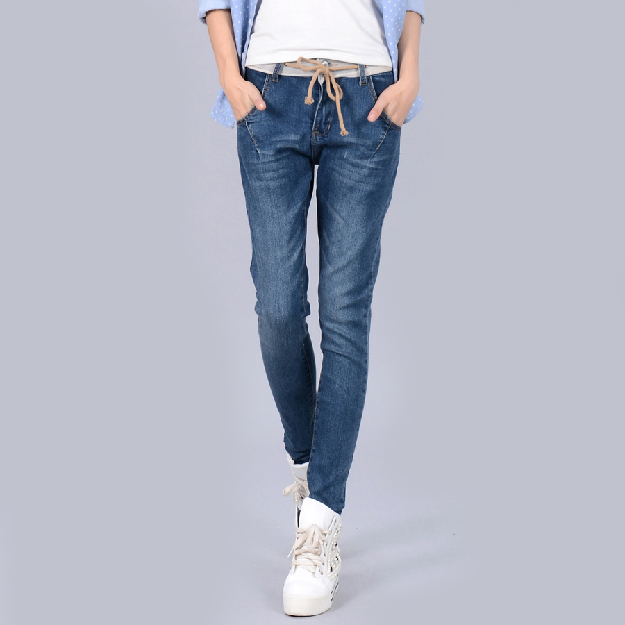 Free shipping 05 - 6850 lacing jeans all-match pencil pants patchwork casual trousers female