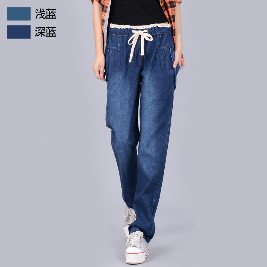 Free shipping 05 - 709 elastic waist soft jeans casual pants straight pants roll-up hem pants trousers 2013