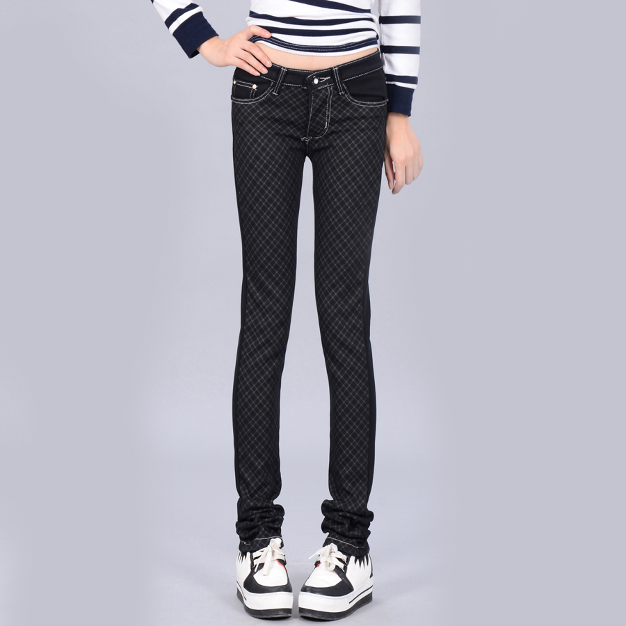 Free shipping 05 - 8912 plus velvet thickening plaid pants female slim pencil pants boot cut jeans