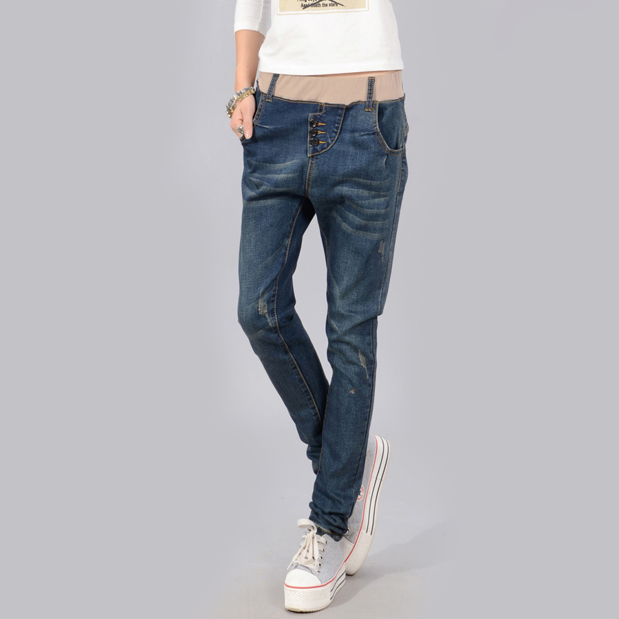 Free shipping 05 - 9006 elastic waist jeans buttons female trousers all-match harem pants