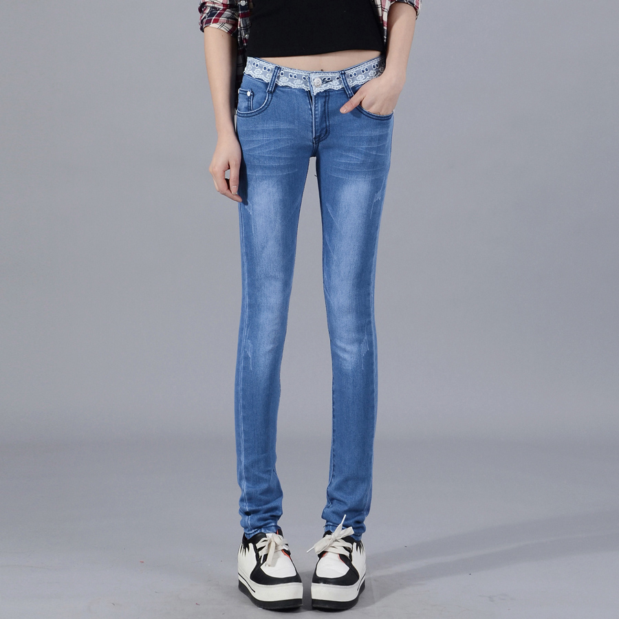 Free shipping 05 - 912 spring jeans all-match skinny pants lace jeans pencil pants