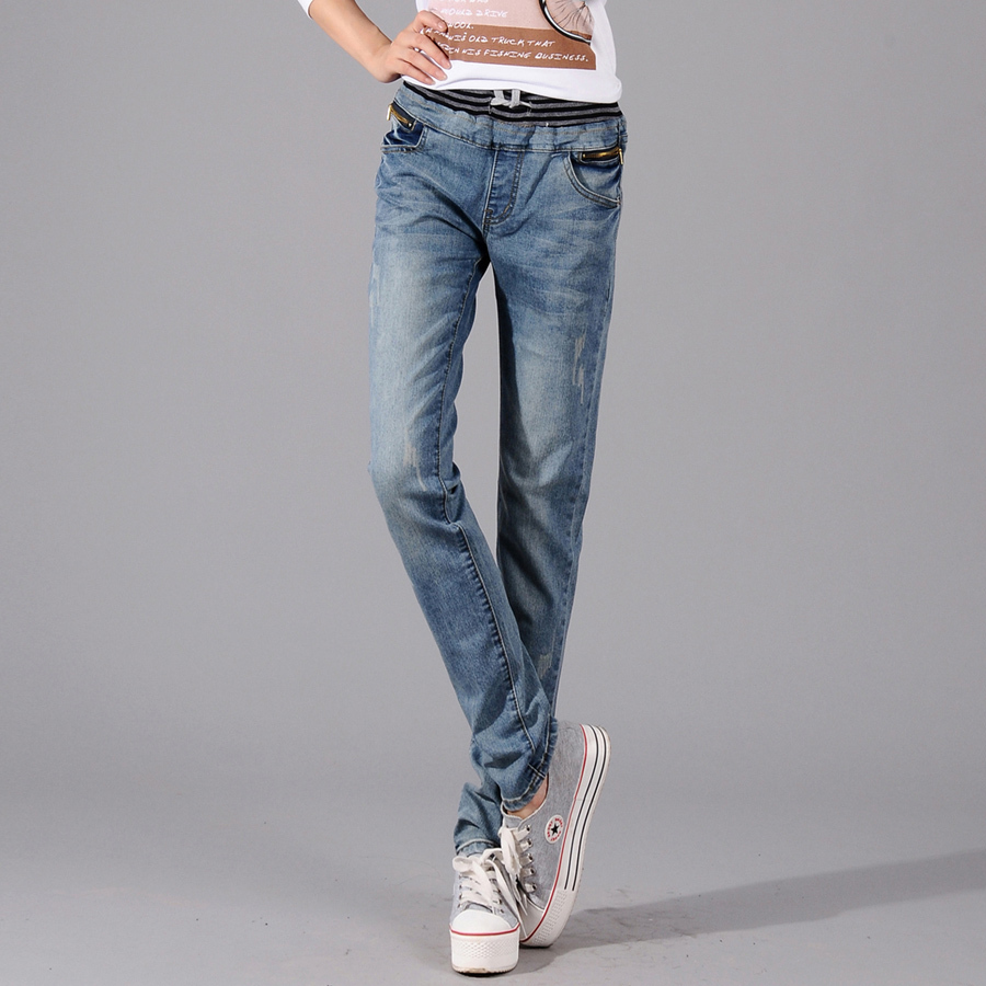 Free shipping 05 - 957 plus size lacing elastic waist jeans female pencil pants casual trousers slim