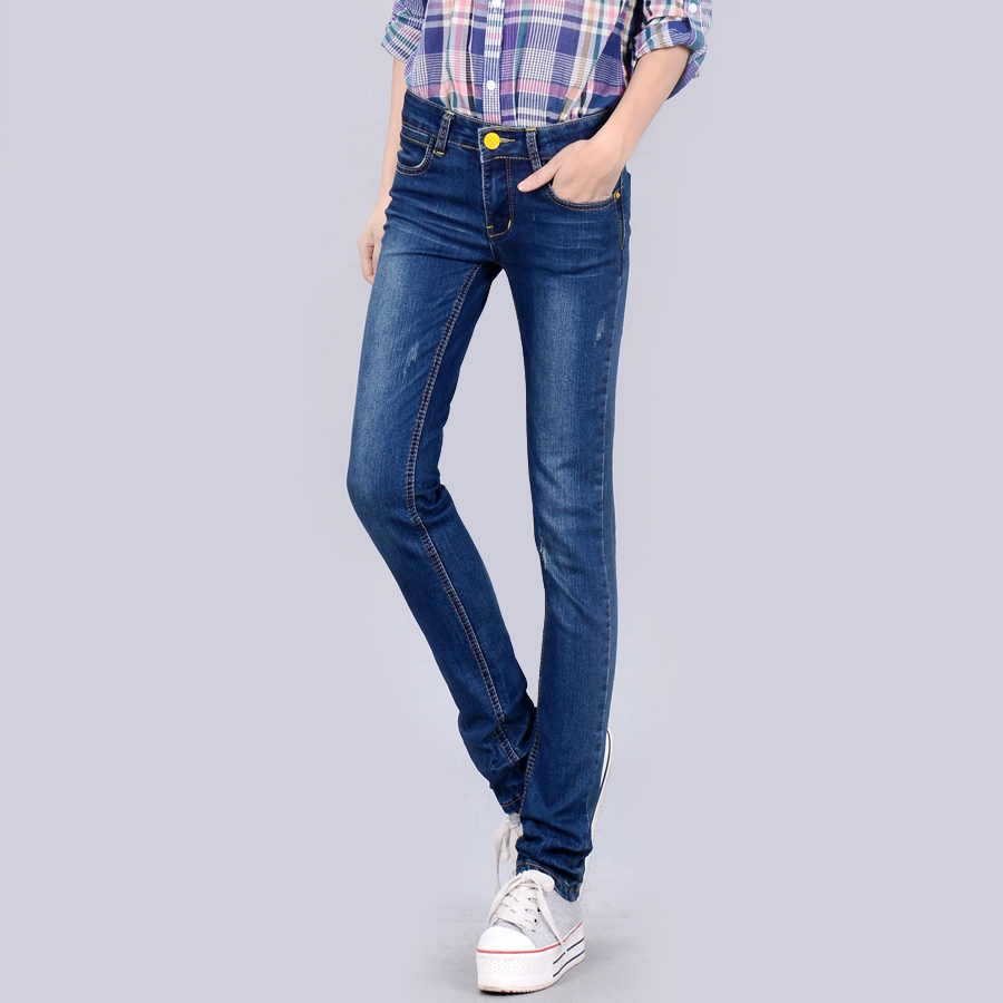 Free shipping 05-a1327 mid waist jeans female slim all-match pencil pants roll-up hem pants trousers