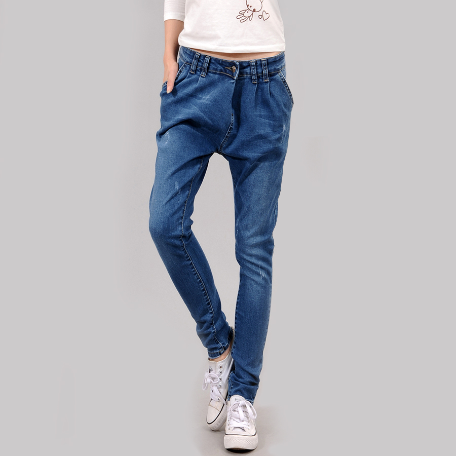 Free shipping 05-m8016 water wash denim harem pants harem pants loose wearing white jeans women's retro finishing long trousers