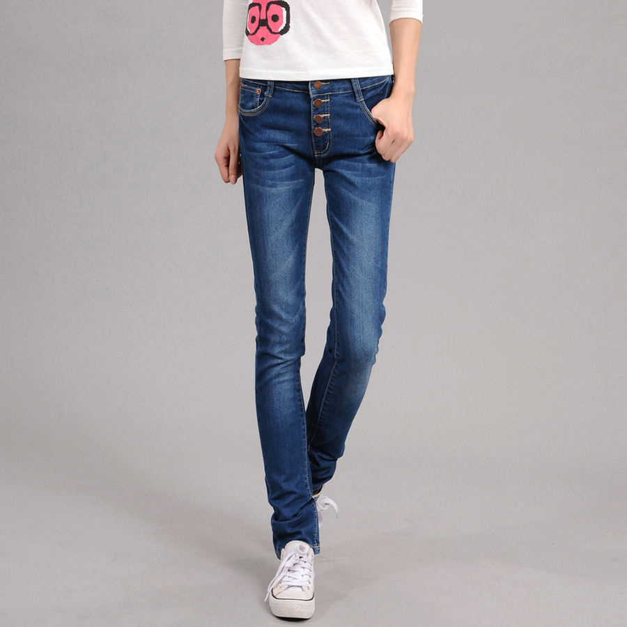 Free shipping 06 - 828 mid waist buttons female jeans all-match skinny pants slim pencil pants trousers fashion