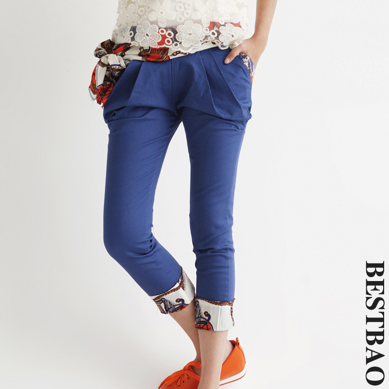 free shipping 0625 color block decoration denim capris cotton prints belt roll up hem bestbao female