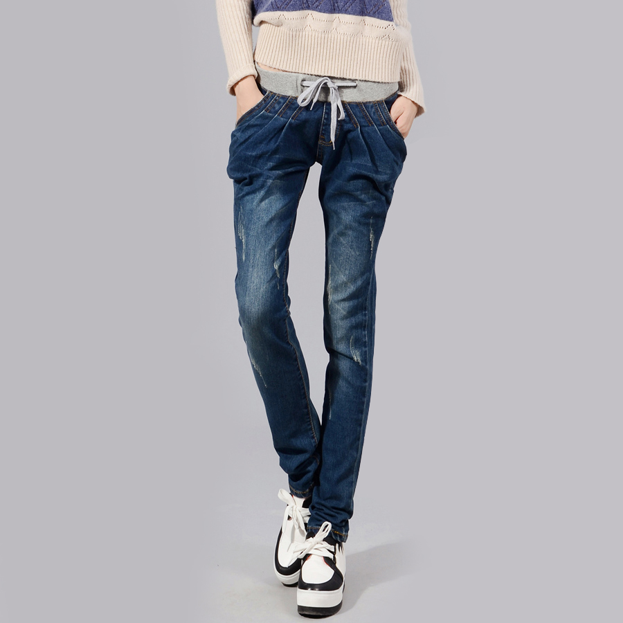 Free shipping 07 - 68506 loose jeans all-match elastic waist lacing pants female trousers