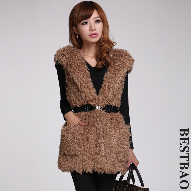 free shipping 0785 all-match with a hood plush vest elastic waist belt fashion bestbao female