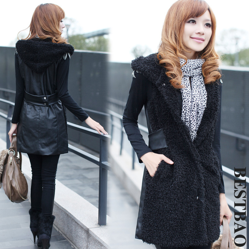 free shipping 0786 all-match with a hood plush vest PU fashion new arrival bestbao female