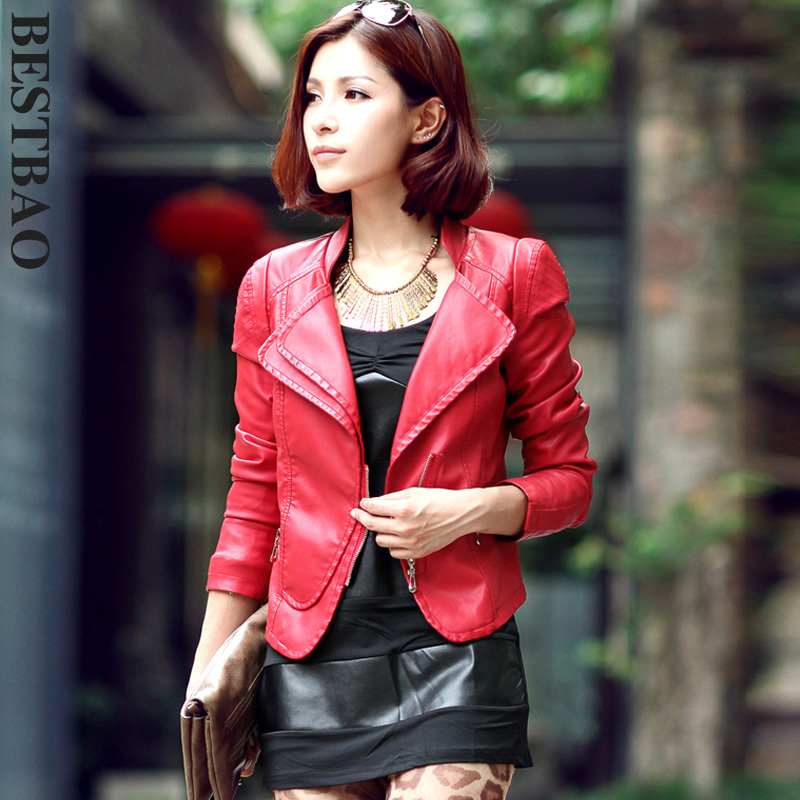 free shipping 0978 all-match slim leather clothing asymmetrical turn-down collar brief bestbao female