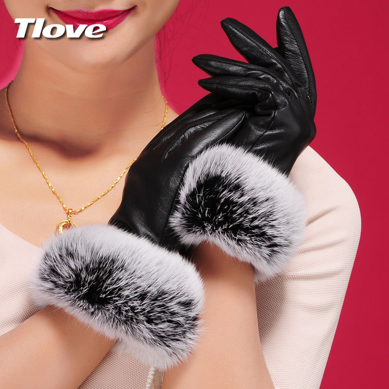 Free shipping 1 pair female winter fashion thickening thermal women's rabbit fur genuine leather gloves