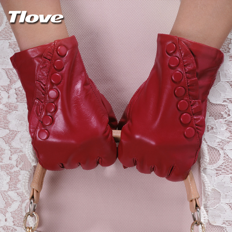 Free shipping 1 pair red thermal leather gloves lovely women's winter fashion sheepskin genuine leather ruffle plus velvet