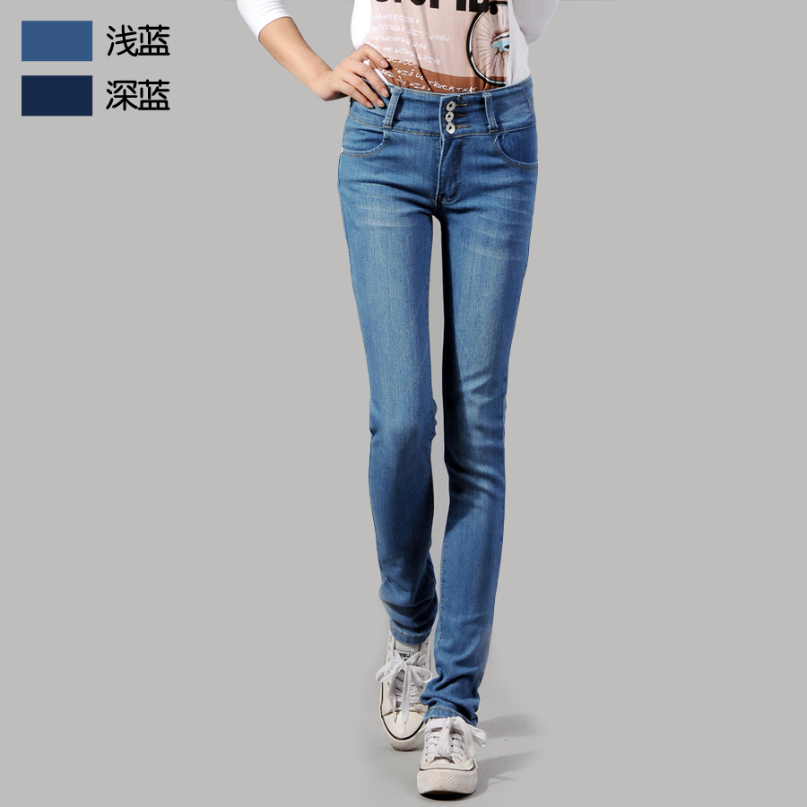 Free shipping 10 - 6855 buttons skinny pants all-match pencil pants women's denim trousers slim