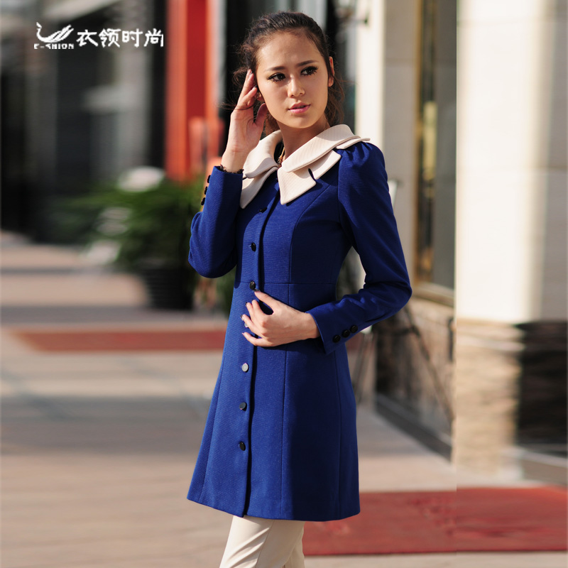 Free Shipping 100% 2013 flower collar single breasted puff sleeve slim medium-long trench outerwear