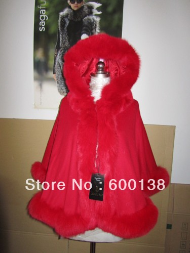 Free shipping 100% cashmere cape with real fox fur trim,length 60cm, fur 4inch,straight,with hood