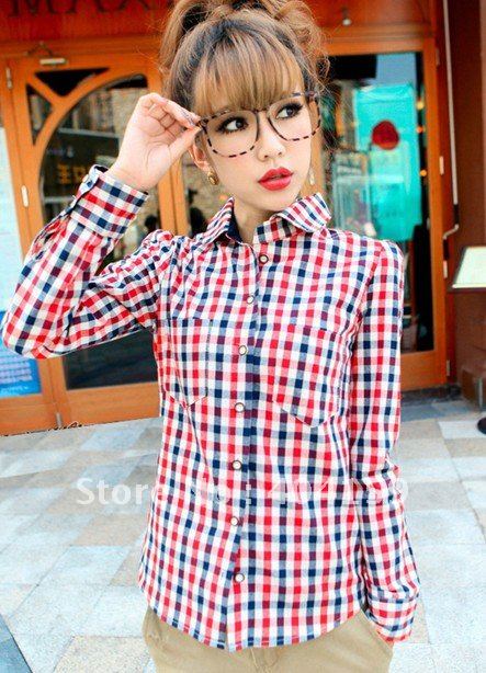 Free shipping 100% cotton checked design long sleeve fashion women blouse