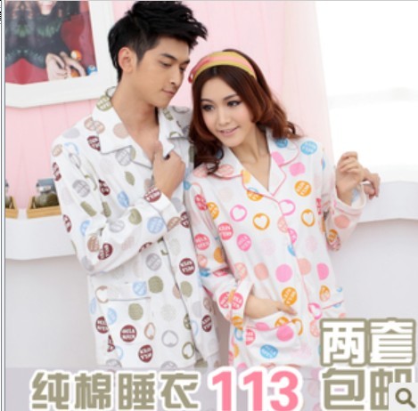 Free Shipping 100% cotton lovers sleepwear long-sleeve male women's casual turn-down collar set lounge