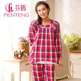 Free Shipping 100% cotton sleepwear  elegant fashion plaid lounge set m8602