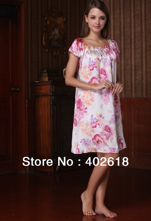 Free Shipping--100%Silk material, Fashion 2013, Ladies Silk dress, Nightgowns, Pajamas, Larger size, Flower pattern, Free size