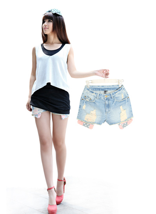 Free Shipping 10016  stripe flag pocket water wash distrressed light blue hole jeans shorts WR