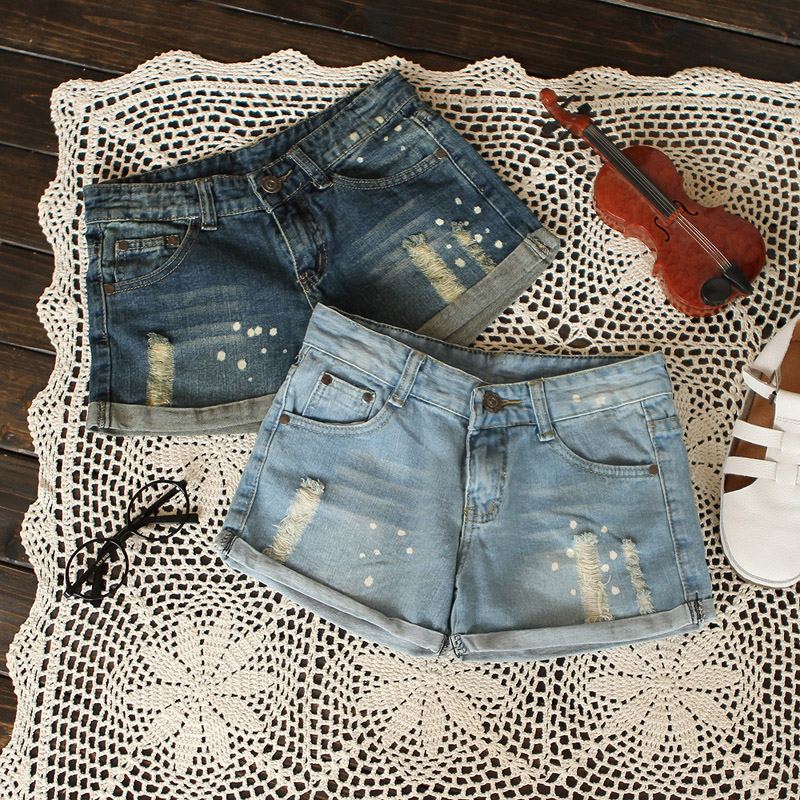 Free Shipping 10037 - 2013 spring and summer fashion casual hole roll-up hem water wash denim shorts 0311 female