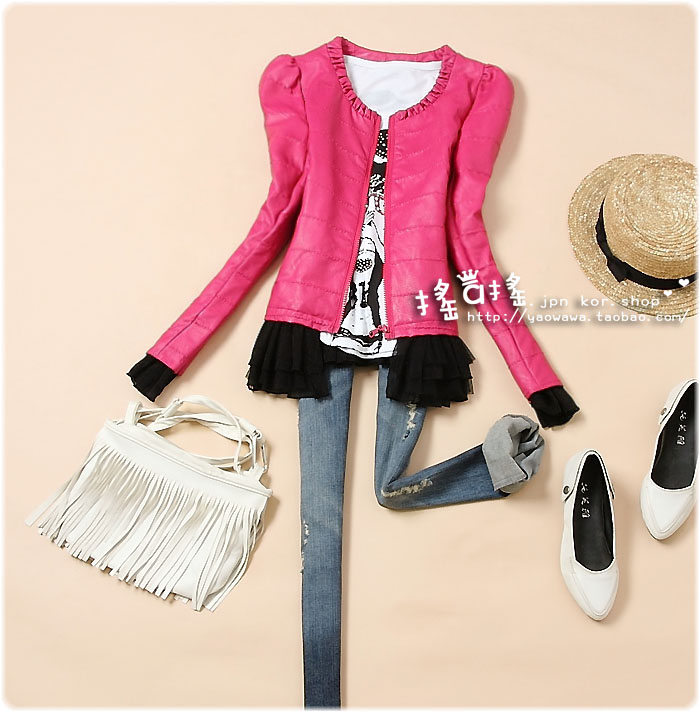 Free shipping 1050 2012 autumn women's puff sleeve PU clothing chiffon short design leather coat