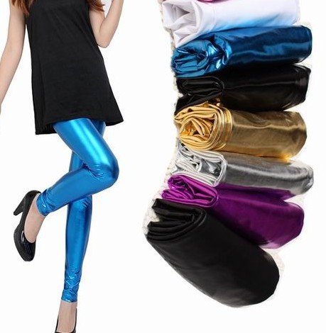 Free shipping 1054 candy light multicolour metal quality faux leather pants tight female ankle length legging