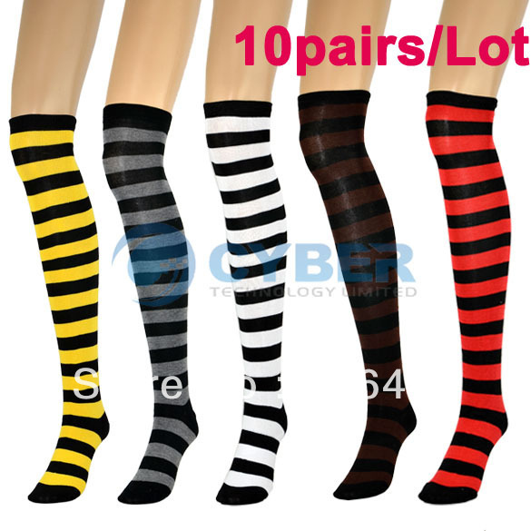 Free Shipping 10pairs/Lot Women Ladies High Knee Socks Cotton Stripes Dance Team School Sports Stocking 8148