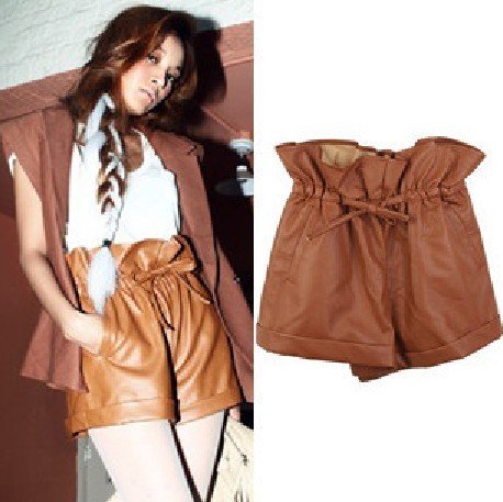 free shipping 10pc brown Stretch woman Leather Like Shorts Tights Pants Size M