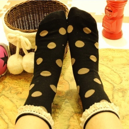 Free Shipping! 10pcs/lot A061 socks lace decoration dot polka dot knee-high socks women's 100% cotton sock