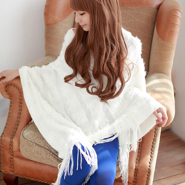 Free shipping 1148 winter solid color isconvoluting three-dimensional batwing type V-neck tassel sweater irregular sweep cloak