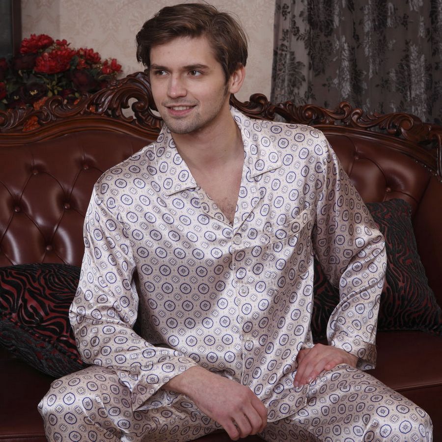 free shipping 12 mulberry silk male long-sleeve print sleepwear set 12606