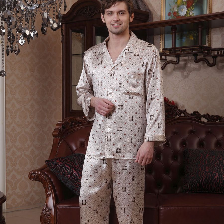 free shipping 12 mulberry silk male long-sleeve print sleepwear set 12610