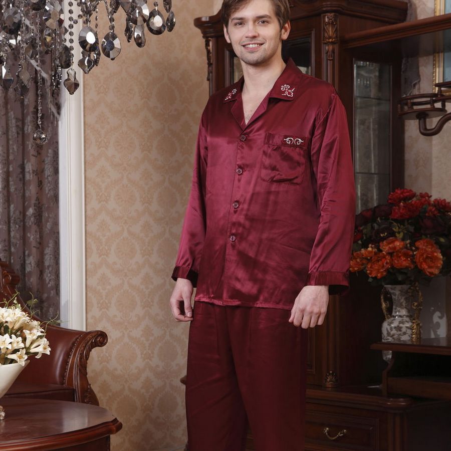 free shipping 12 mulberry silk male long-sleeve sleepwear sets 12602