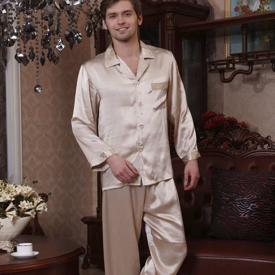 free shipping 12 mulberry silk male long-sleeve solid color sleepwear set 12604