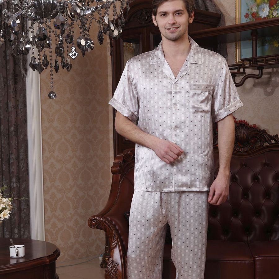 free shipping 12 mulberry silk male short-sleeve print sleepwear set 12612