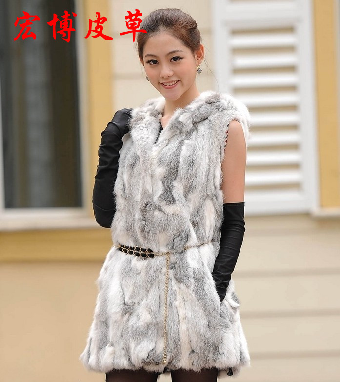 Free shipping, 12 rabbit fur hooded long design vest rabbit fur women's clothes