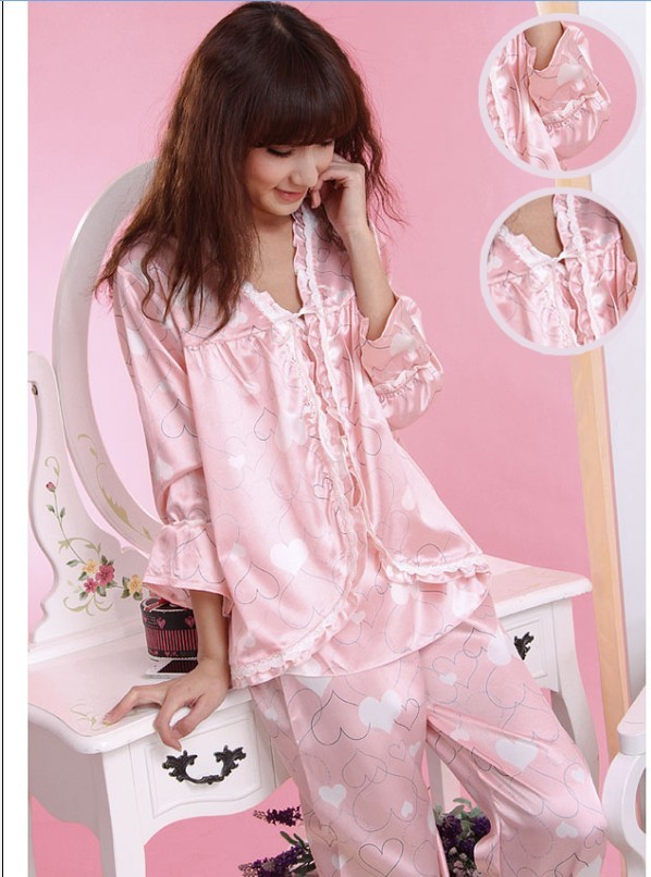 FREE SHIPPING 12 women's fashion silk heart piece set long-sleeve sleepwear women's sexy sleepwear