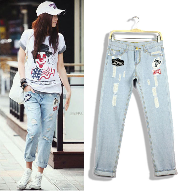 Free Shipping 120 women's casual personality light blue loose distrressed trousers denim 9801