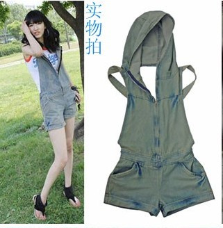 Free Shipping 120 women's summer reminisced with a hood denim suspenders shorts 9620