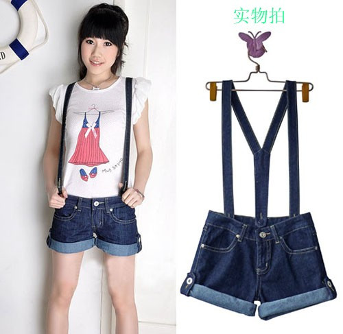 Free Shipping 120 women's summer roll-up hem 2 blue denim suspenders shorts 9803