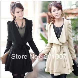 Free shipping 1294 puff sleeve medium-long slim one-piece women dress V-neck long-sleeve clothing trench coat