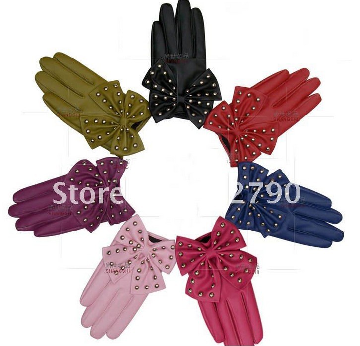 Free shipping 12pairs/lot New wholesale women fashion faux leather gloves with rivet bowknot PU gloves gift