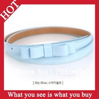 Free Shipping 12pcs Sky Blue Fashion Women Bowknot Thin Belt Waistband Sweet Little PU Leather Buckle Belt -- BET09 Wholesale