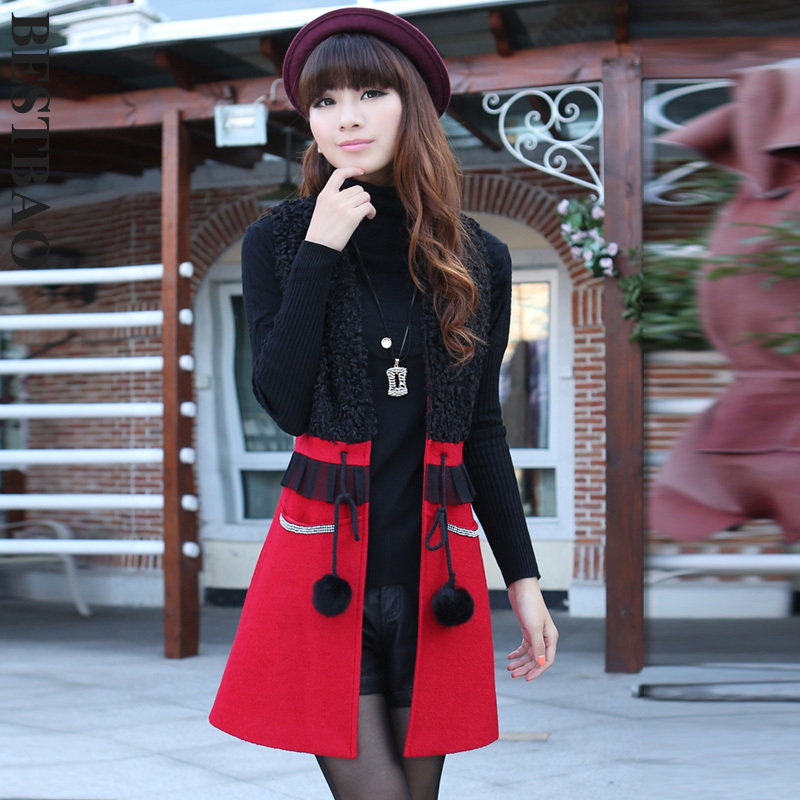 free shipping 1374 patchwork long design woolen vest diamond pocket waist drawstring bestbao female