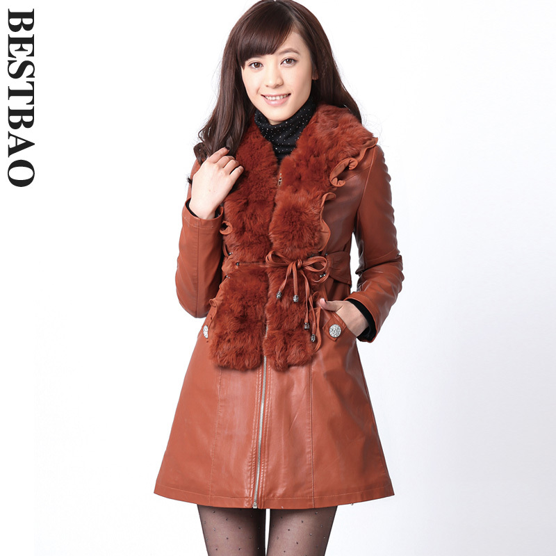 free shipping 1485 quality slim leather wadded jacket luxury rabbit fur fashion belt bestbao female