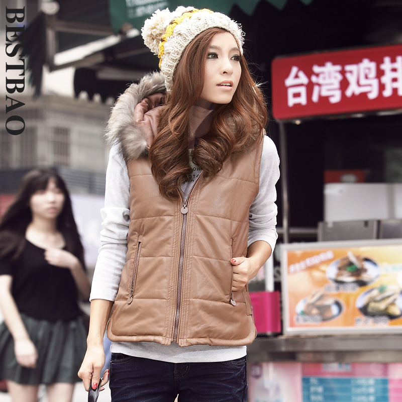 free shipping 1506 PU patchwork cotton-padded vest raccoon fur hat skull print bestbao female