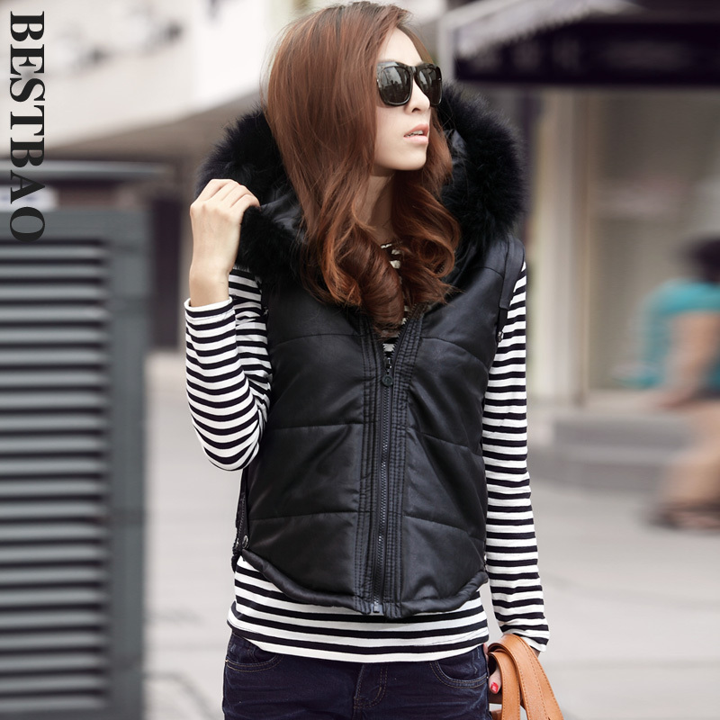 free shipping 1507 all-match cotton-padded with a hood vest PU patchwork curviplanar sweep bestbao female