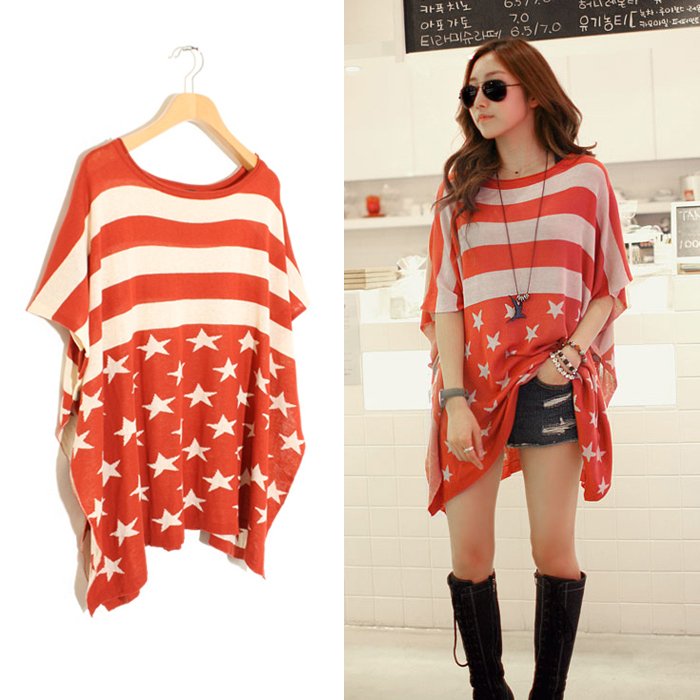 Free Shipping 183 is loose five-pointed star stripe sweater batwing sleeve color block decoration knitted sweater shirt MY