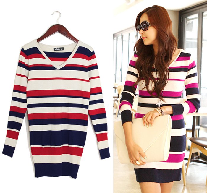 Free Shipping 184  stripe color block decoration slim knitted one-piece dress multicolour V-neck sweater dress MY